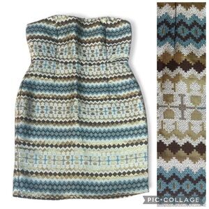 NWT Strapless Aztec Metallic Mini Dress - Blue and Bronze Gold sz M
